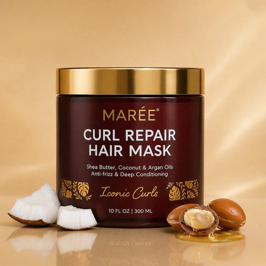 Jar of Maree Curl Repair Hair Mask with ingredients on a beige background