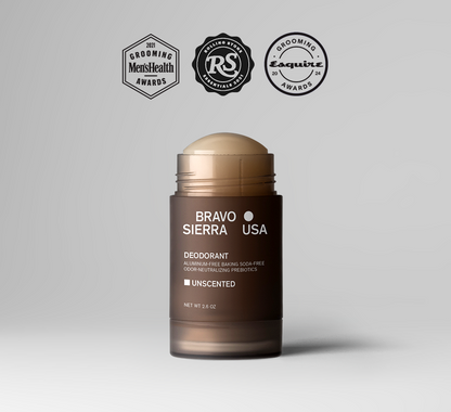 Bravo Sierra USA deodorant stick on a gray background with awards logos above.