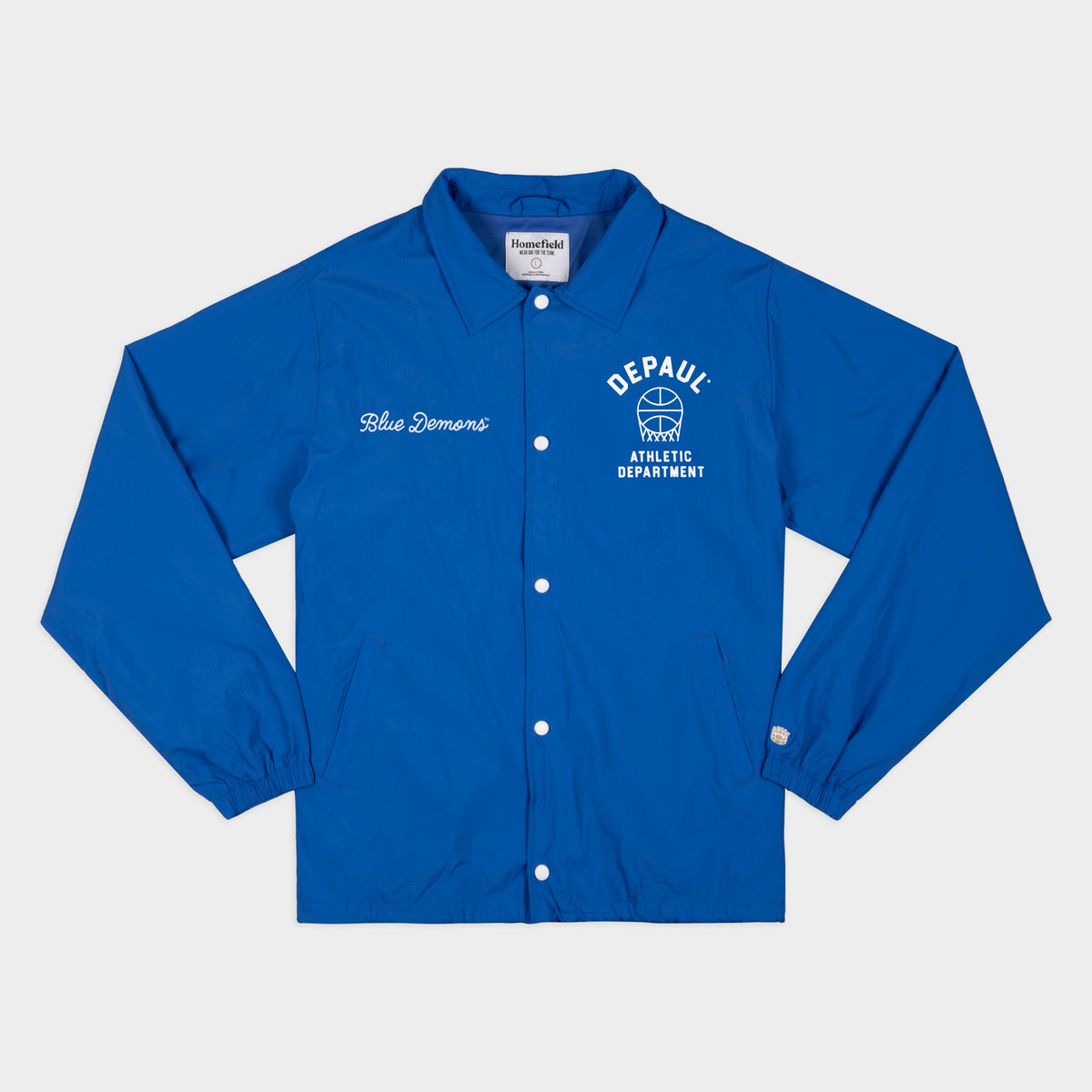 Blue jacket with 'DePaul Athletic Department' text on a white background