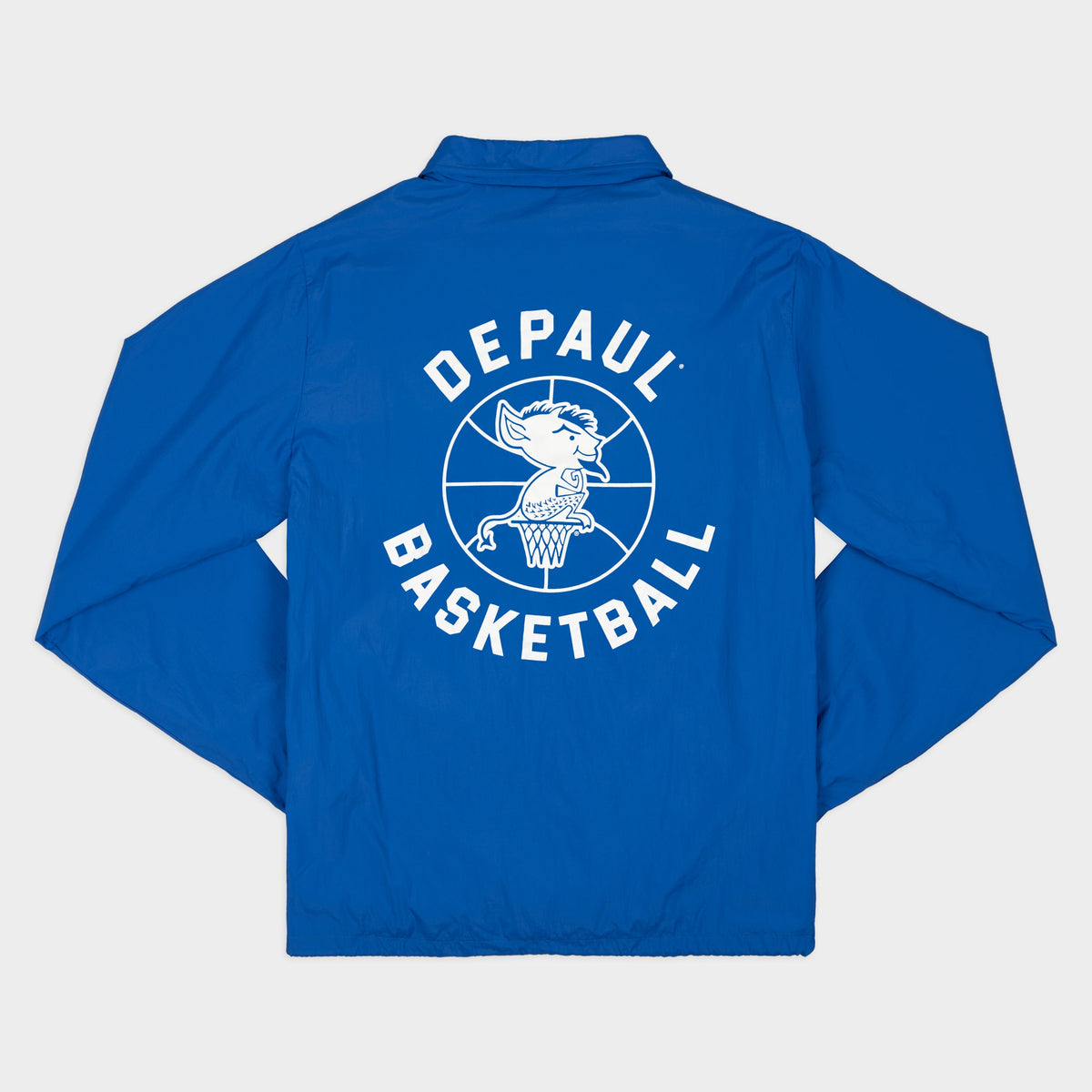 Blue jacket with 'DePaul Basketball' text on the back against a light gray background