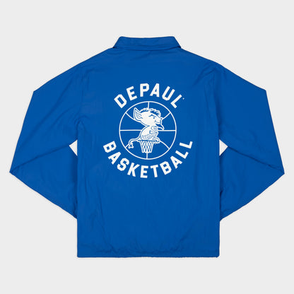 Blue jacket with 'DePaul Basketball' text on the back against a light gray background
