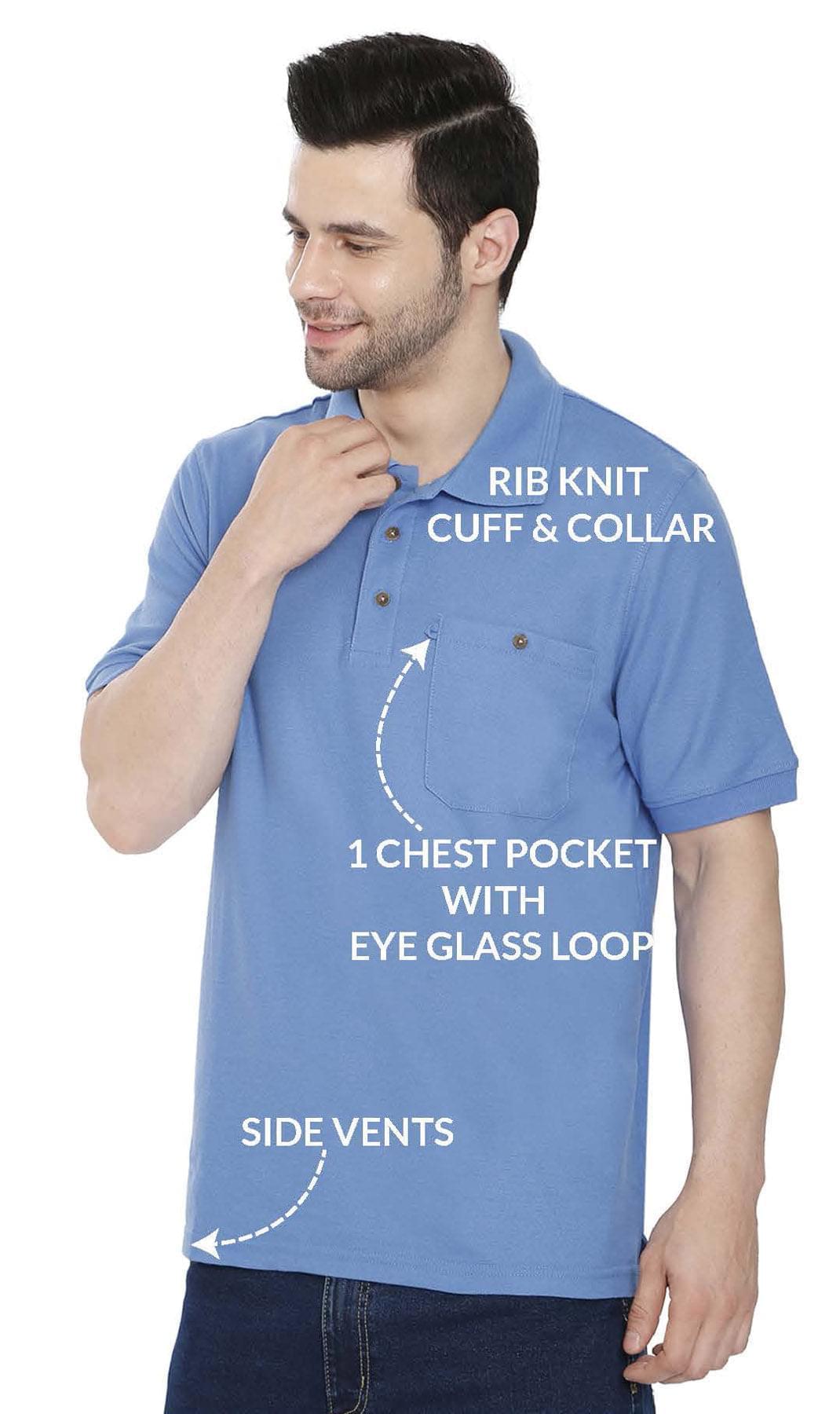 Turtle Bay men's short sleeve pique knit polo shirt in Blue, close detail