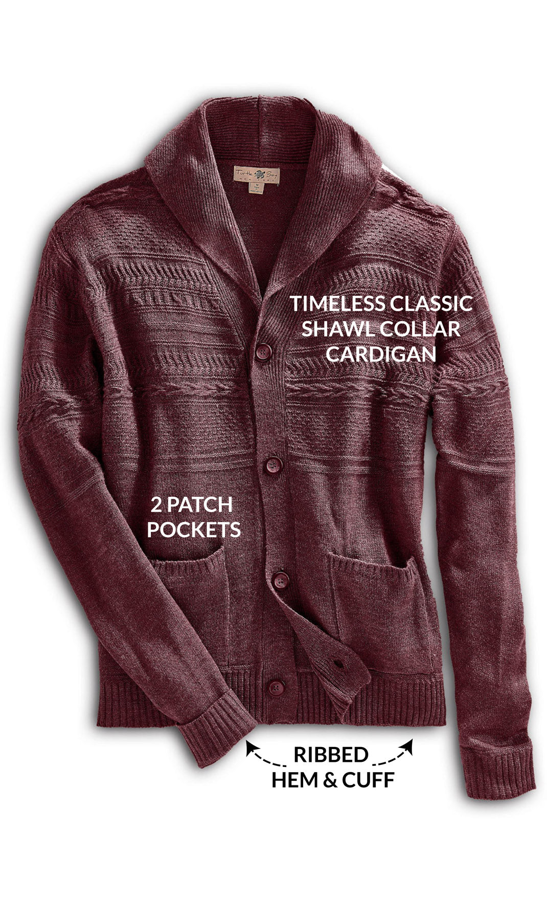 Turtle Bay men's jacquard knit shawl collar cardigan in Burgundy, close detail