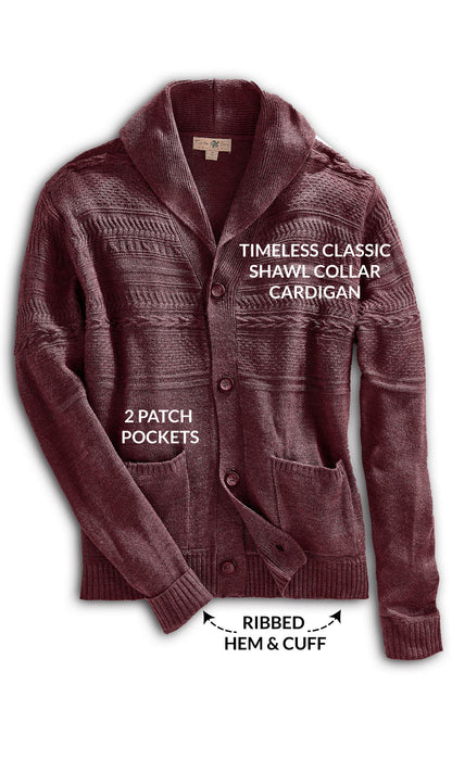 Turtle Bay men's jacquard knit shawl collar cardigan in Burgundy, close detail