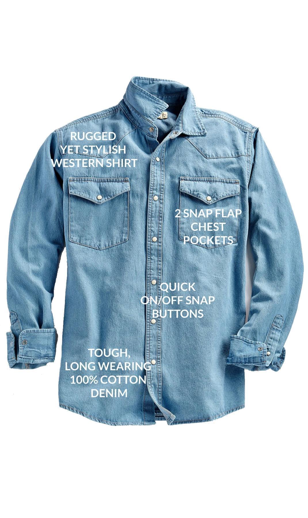 Turtle Bay men's western snap button shirt in Stone Wash, close detail