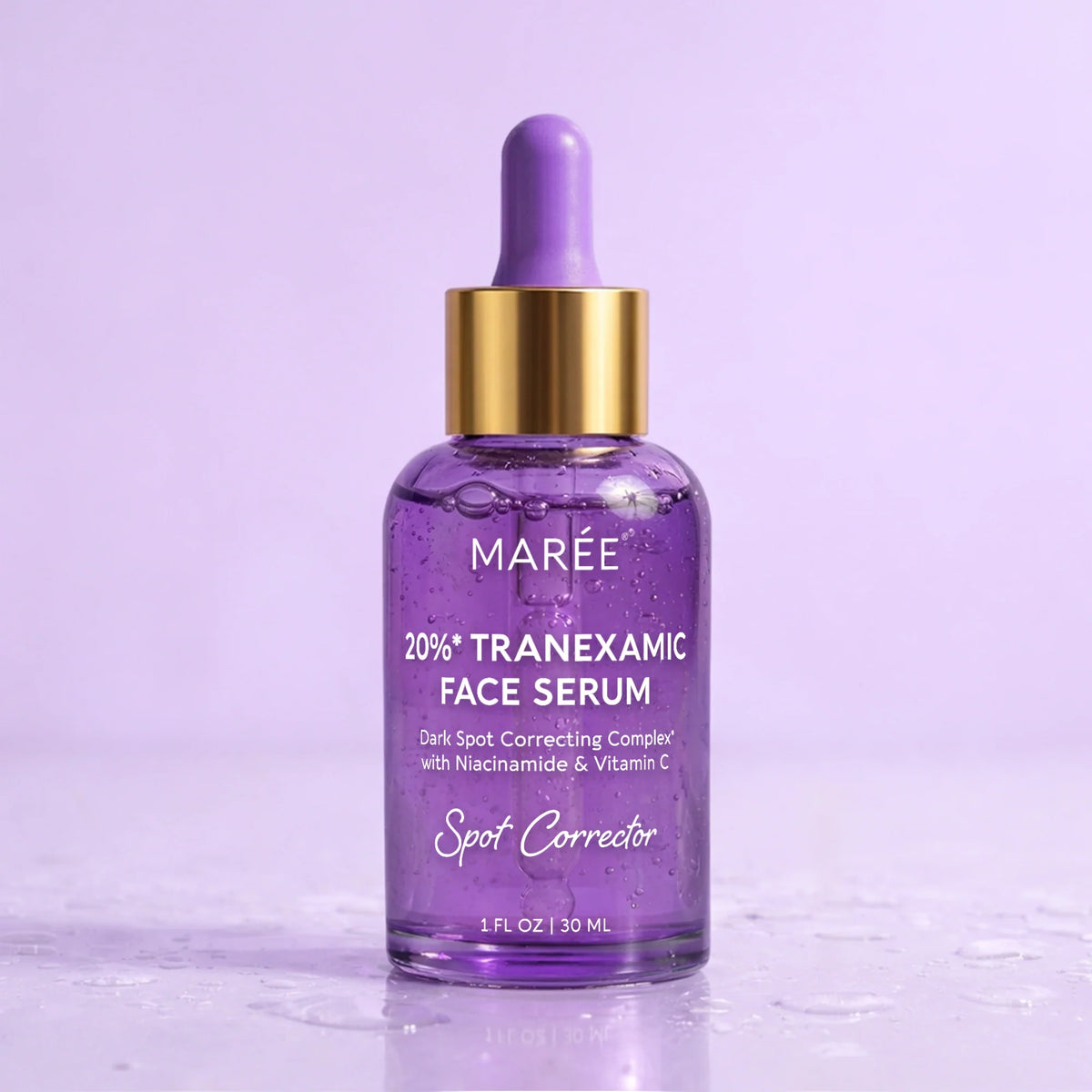 Purple face serum bottle with dropper on a light purple background