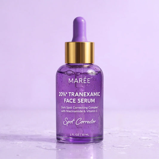 Purple face serum bottle with dropper on a light purple background