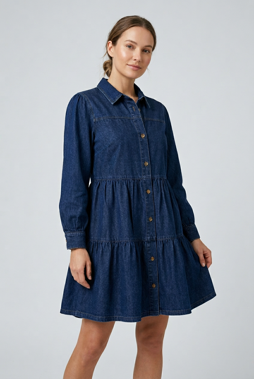 Fitkitty Culture button-down babydoll denim dress, studio view