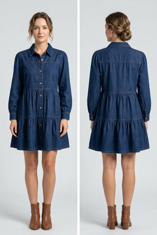 Fitkitty Culture button-down babydoll denim dress, studio front and back views