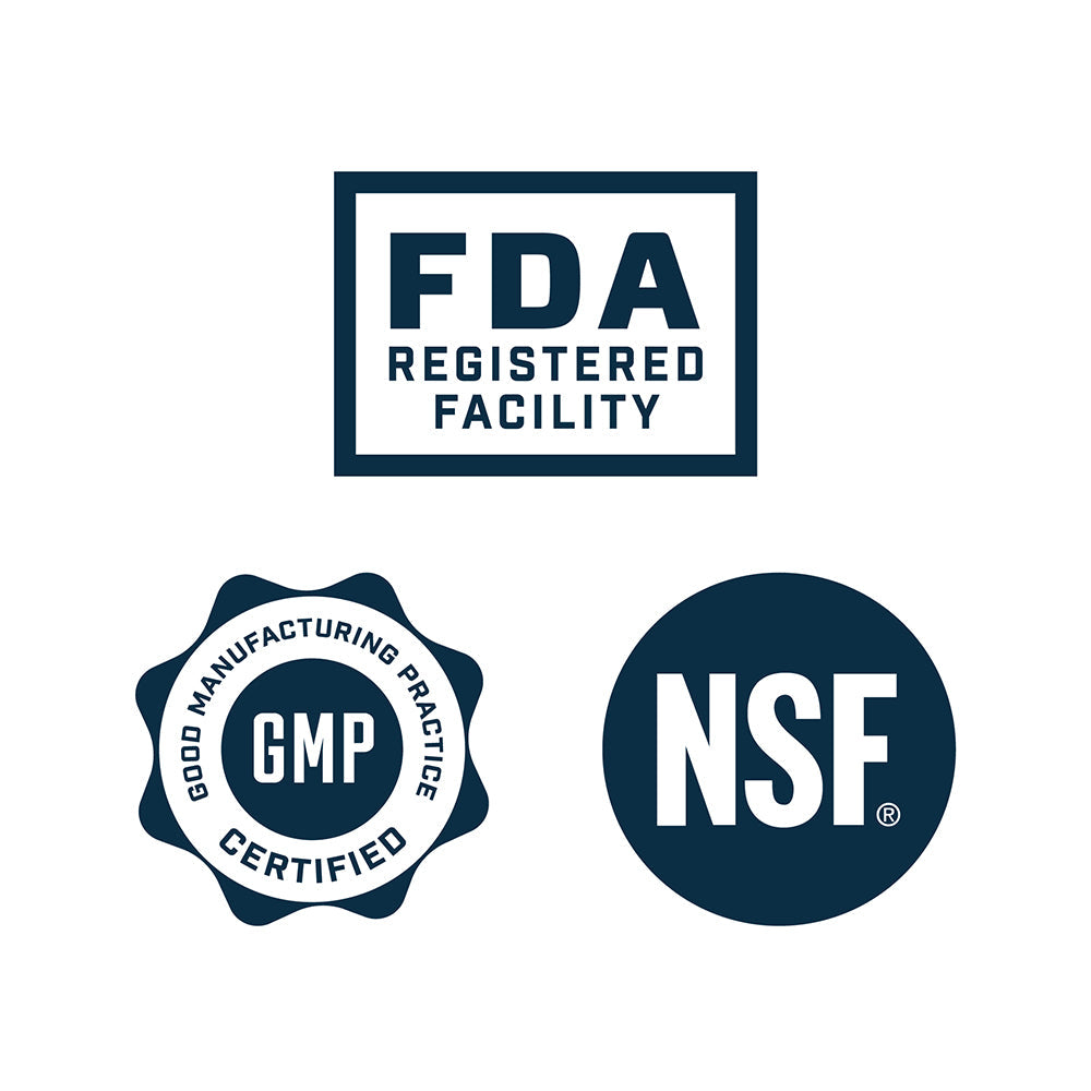 Logos of FDA Registered Facility, GMP Certified, and NSF on a white background