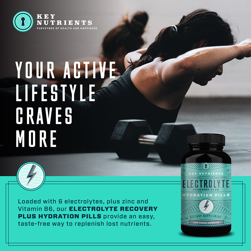 Advertisement for electrolyte recovery plus hydration pills with a person exercising in the background.