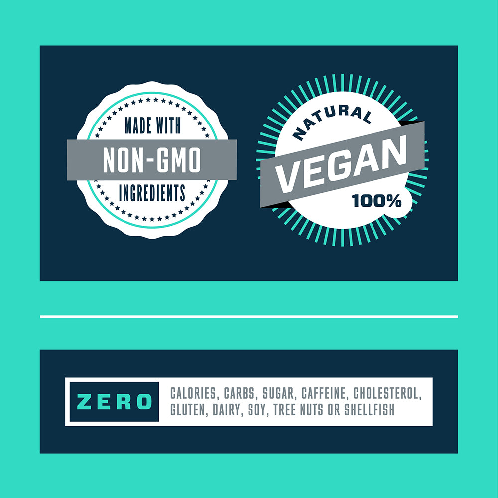 Three certification badges on a teal background: 'Made with Non-GMO Ingredients', 'Natural Vegan 100%', and 'Zero'.