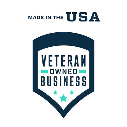 Logo for 'Made in the USA, Veteran Owned Business' with a blue shield and stars on a white background.