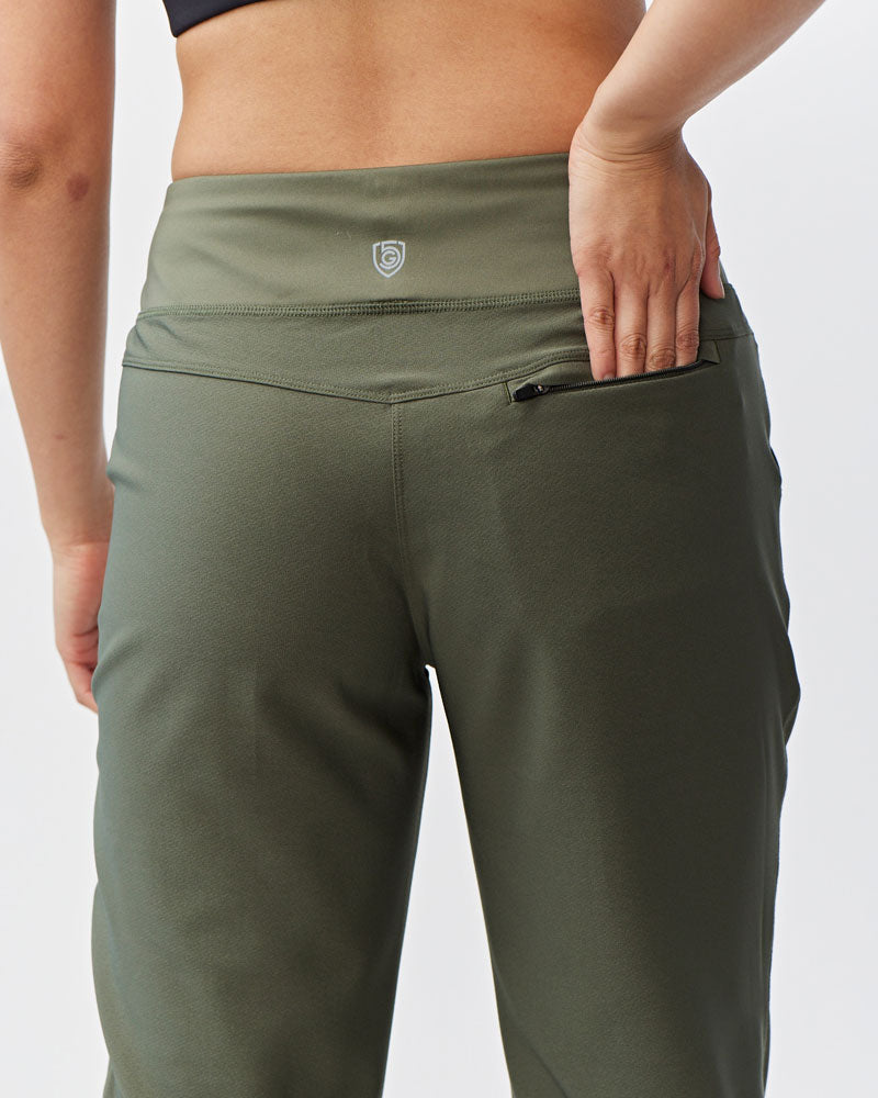 Excel Jogger 7/8 Length 28" Pant in Dark Moss, styled photo