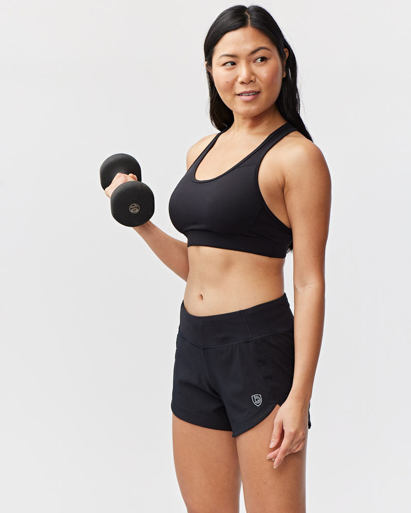 Excel Women's Workout Shorts in Black, styled photo