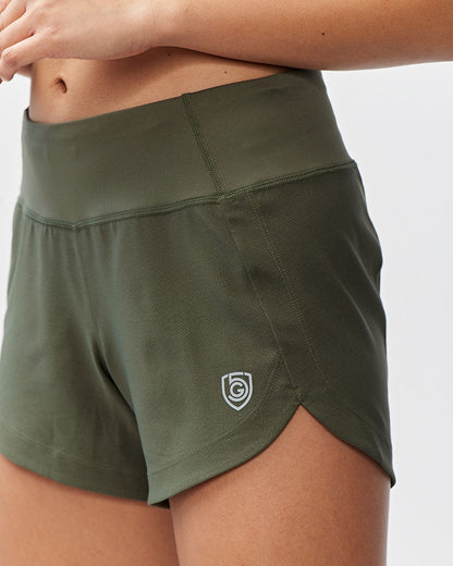 Excel Women's Workout Shorts in Dark Moss, side view