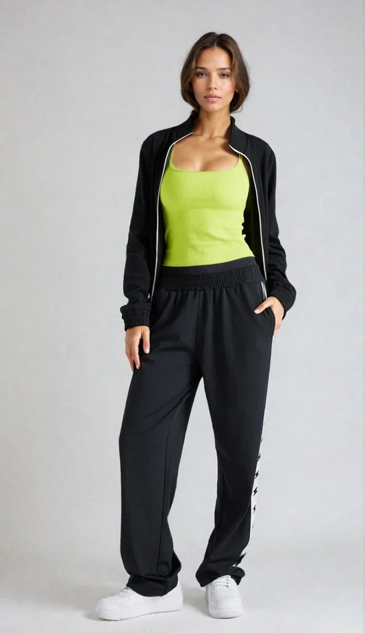 Fitkitty Culture Bolt track jacket in black with contrast sleeves, main product image