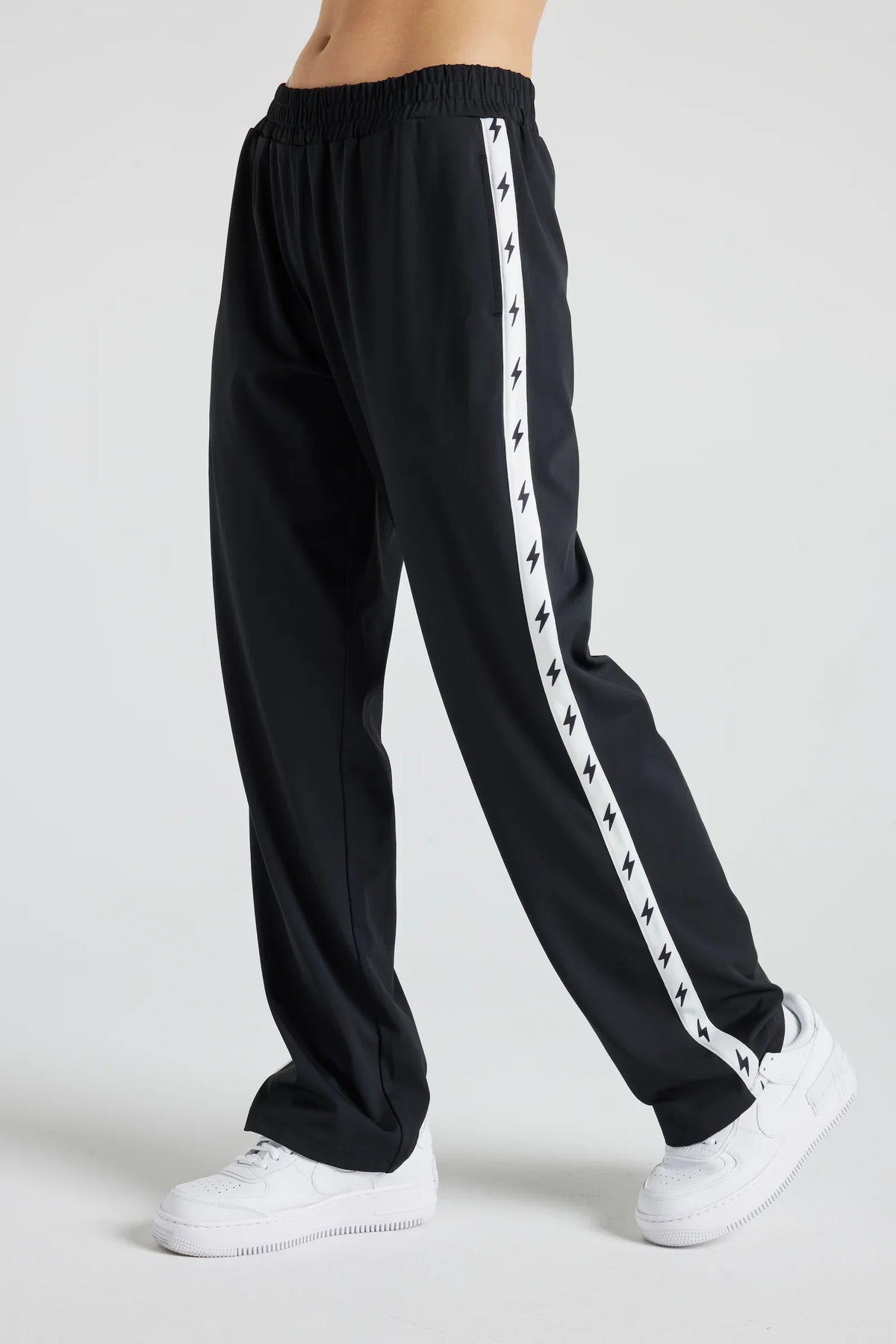 Fitkitty Culture Bolt track pant in black with contrast leg stripes, product view 2