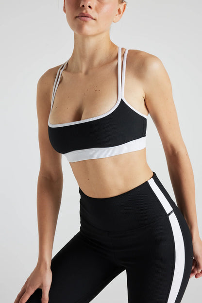 Fitkitty Culture Electric Rib color block sports bra in black and white, product view 3