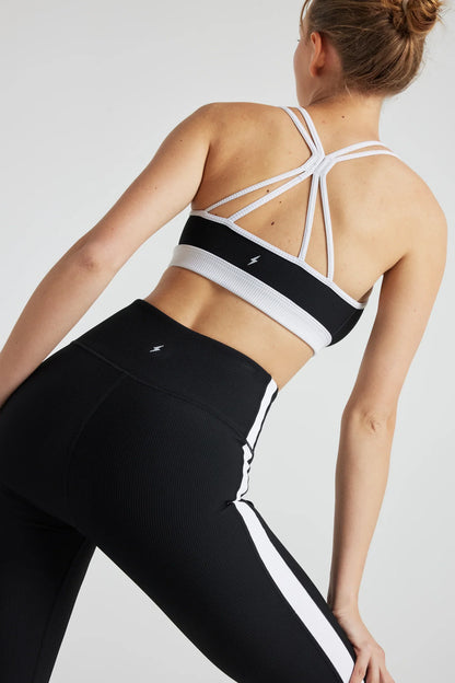 Fitkitty Culture Electric Rib color block sports bra in black and white, product view 4
