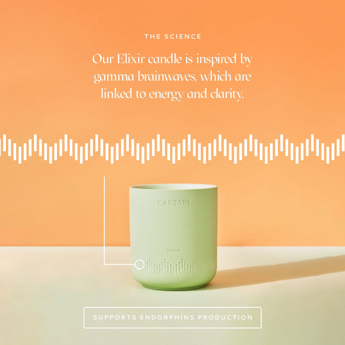 Elixir Bergamot Scented Candle on an orange background with the brand's shelf-topper graphic