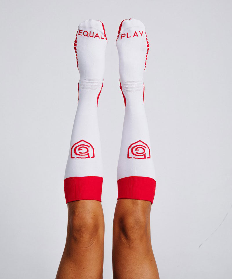 Equal Play Women's Soccer Over the Calf (OTC) Socks in Hot Coral