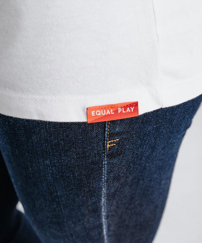 Equal Play Women's Soccer T Shirt in White, close-up detail