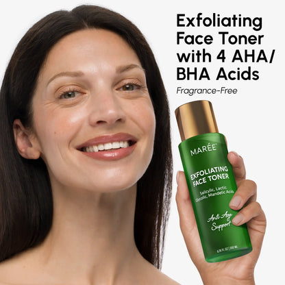 Woman holding a green skincare bottle with text about exfoliating face toner.