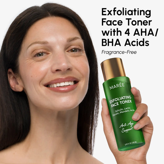 Woman holding a green skincare bottle with text about exfoliating face toner.