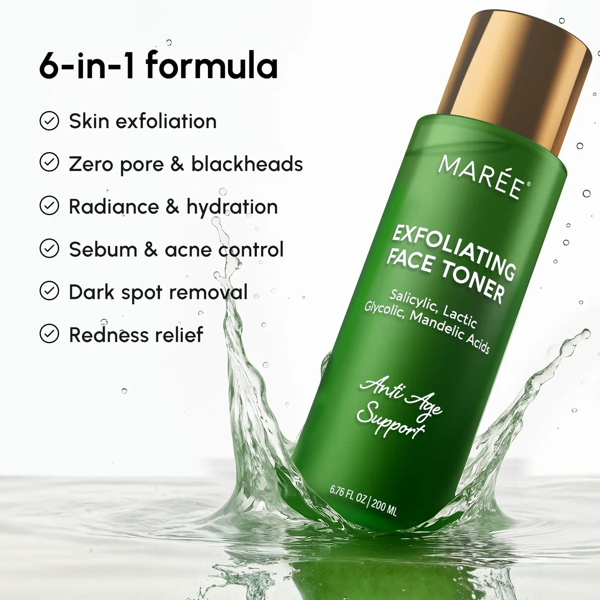Green skincare bottle with gold cap labeled 'Maree' on a white background with product features listed.