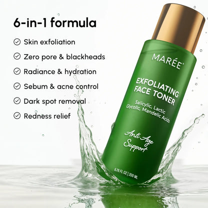 Green skincare bottle with gold cap labeled 'Maree' on a white background with product features listed.
