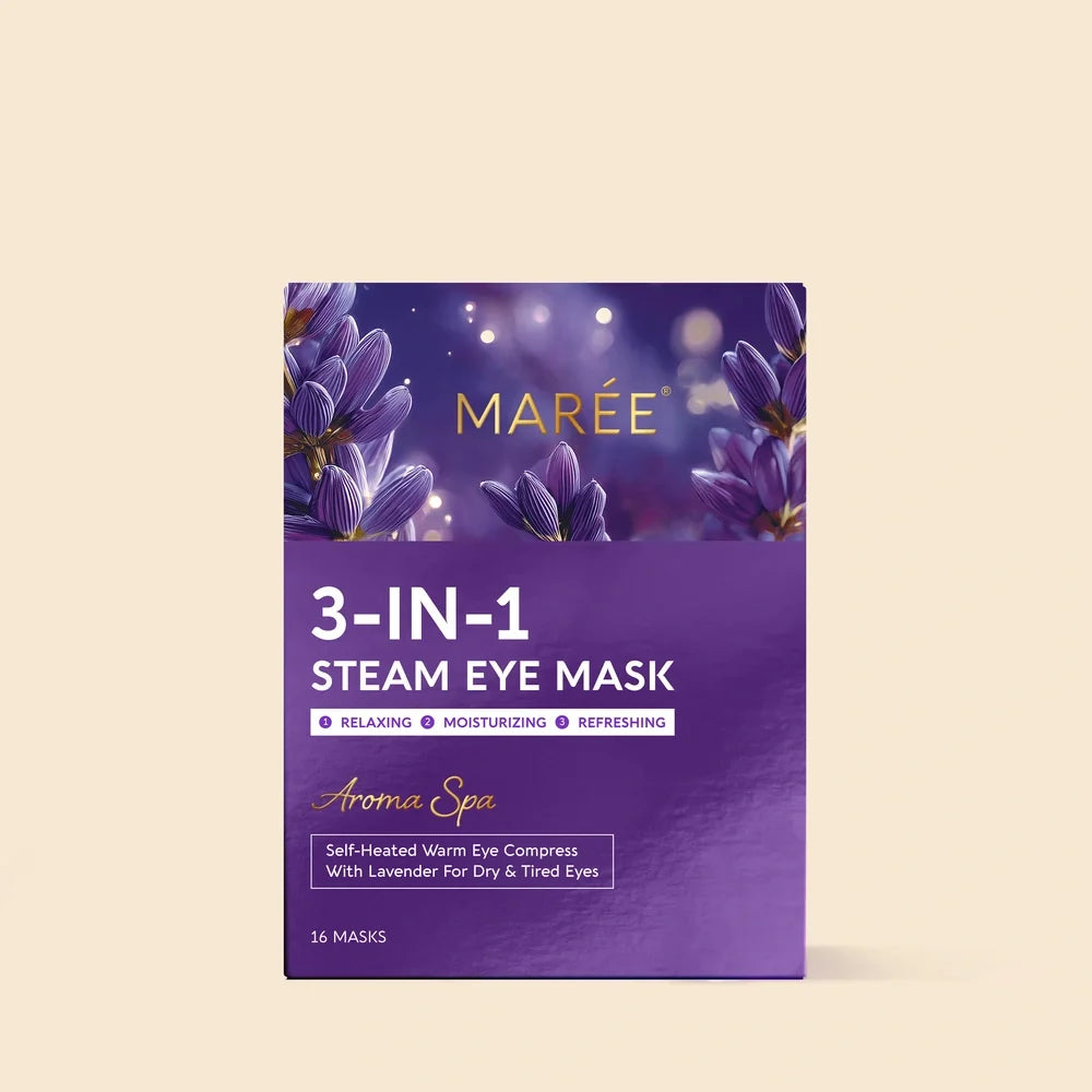Maré 3-in-1 Steam Eye Mask packaging with lavender design on a beige background