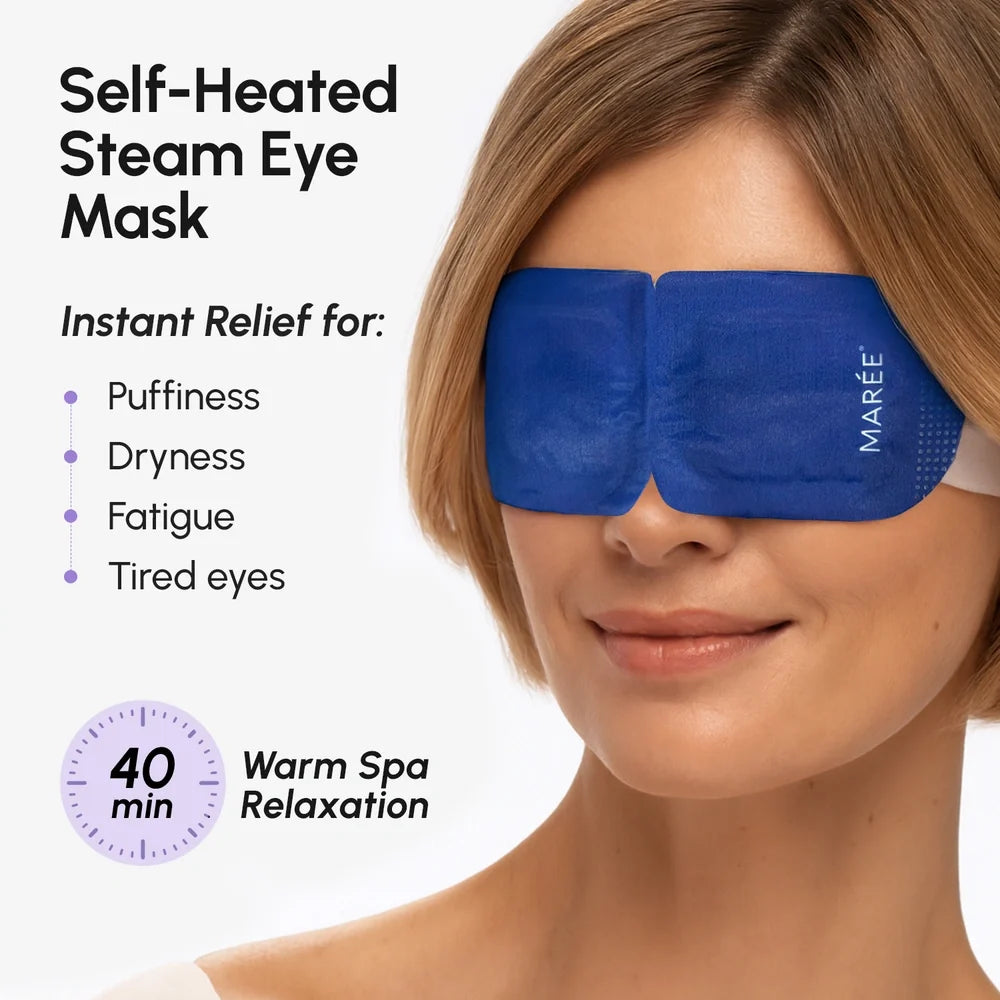 Woman wearing a blue self-heated steam eye mask with product details on a white background