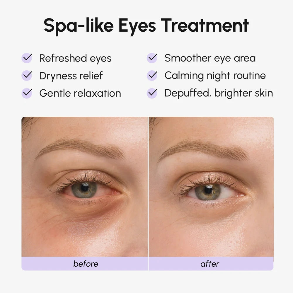 Before and after comparison of eye treatment with text highlighting benefits.