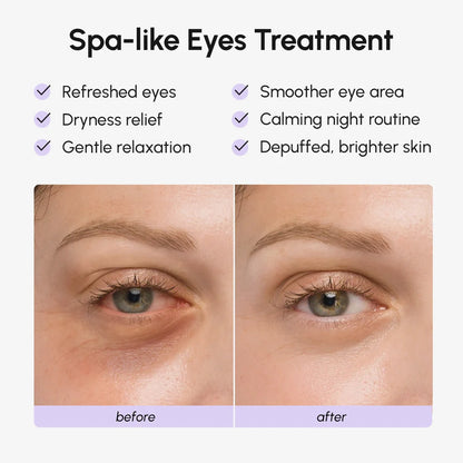 Before and after comparison of eye treatment with text highlighting benefits.