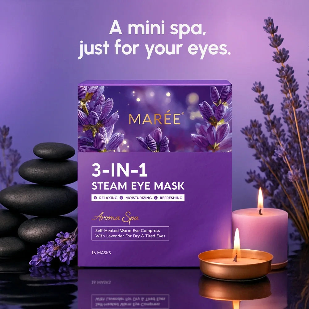 Maree 3-in-1 Steam Eye Mask packaging with lavender flowers, candles, and stones on a purple background.