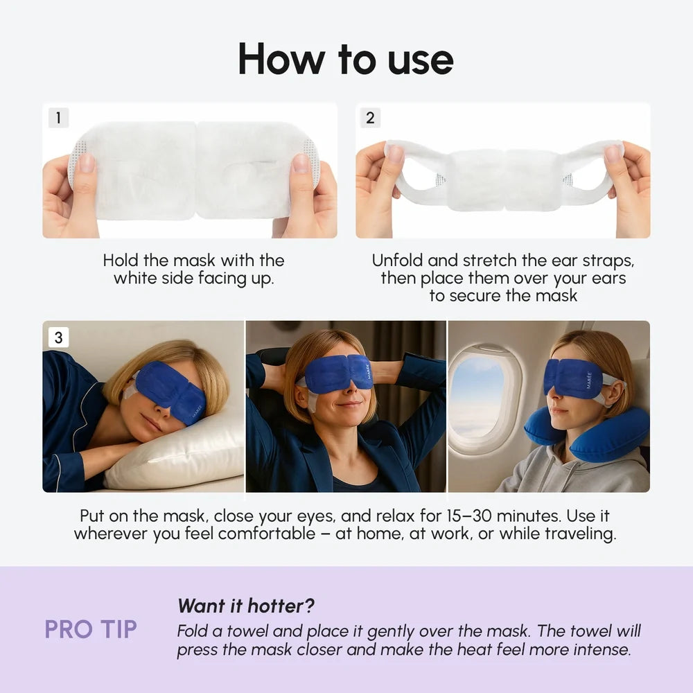 Instructions on how to use a sleep mask with images and text.