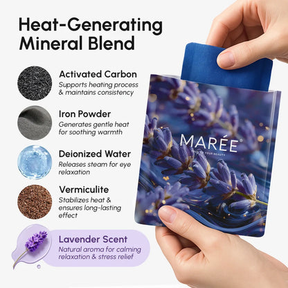 Hand holding a package of 'Maree' heat-generating mineral blend with lavender scent, featuring ingredients and benefits.