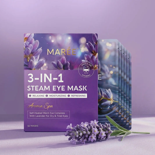 MARÉE 3-In-1 Steam Eye Mask in 'Aroma Spa' lavender scent, featuring a purple box with lavender illustrations and a fan of single-use masks in the background, styled with fresh lavender sprigs on a matching purple surface.