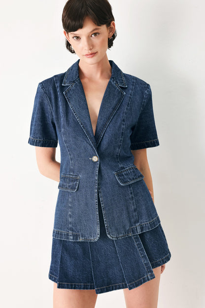 Flying Tomato The Power Move washed denim jacket in denim blue with short sleeves.