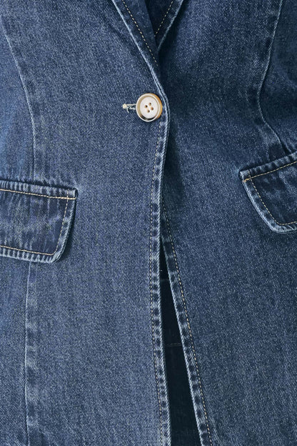 Fabric swatch showing the 90% cotton, 10% polyester washed denim in denim blue.