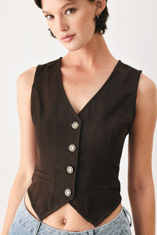 Flying Tomato Outlaw Heart tailored sleeveless woven vest in brown.