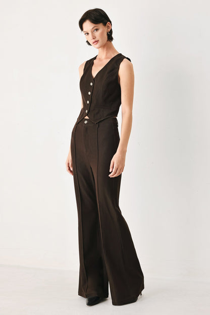 Brown suiting vest with a classic button-front design and streamlined cut.