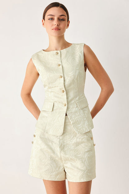 Flying Tomato Marzipan Floral woven jacquard vest in cream and gold, sleeveless.