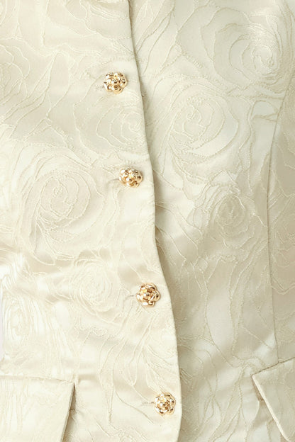 Fabric swatch showing the cream and gold polyester-metalline jacquard weave.