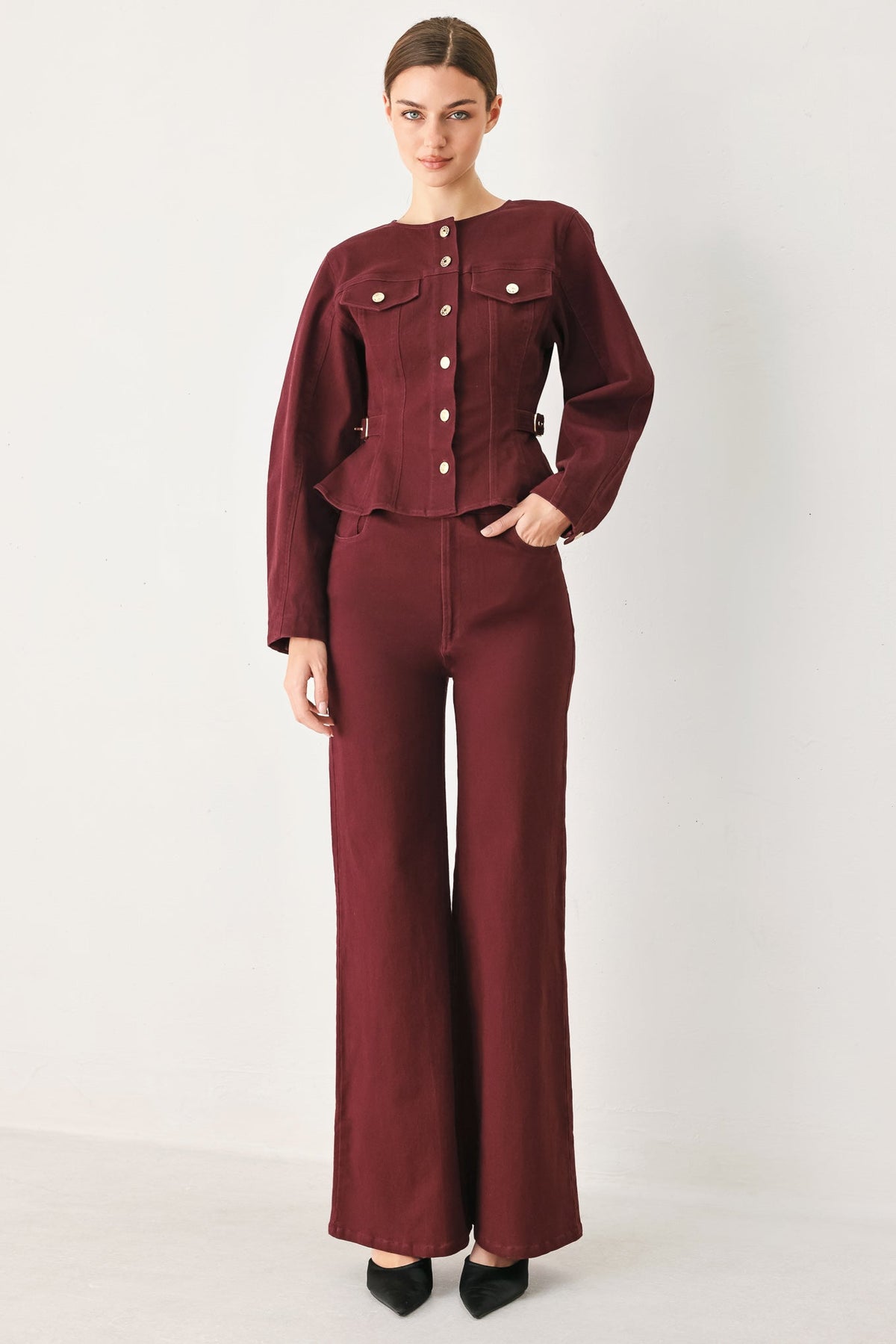 Burgundy woven jacket styled as part of a coordinated two-piece set.