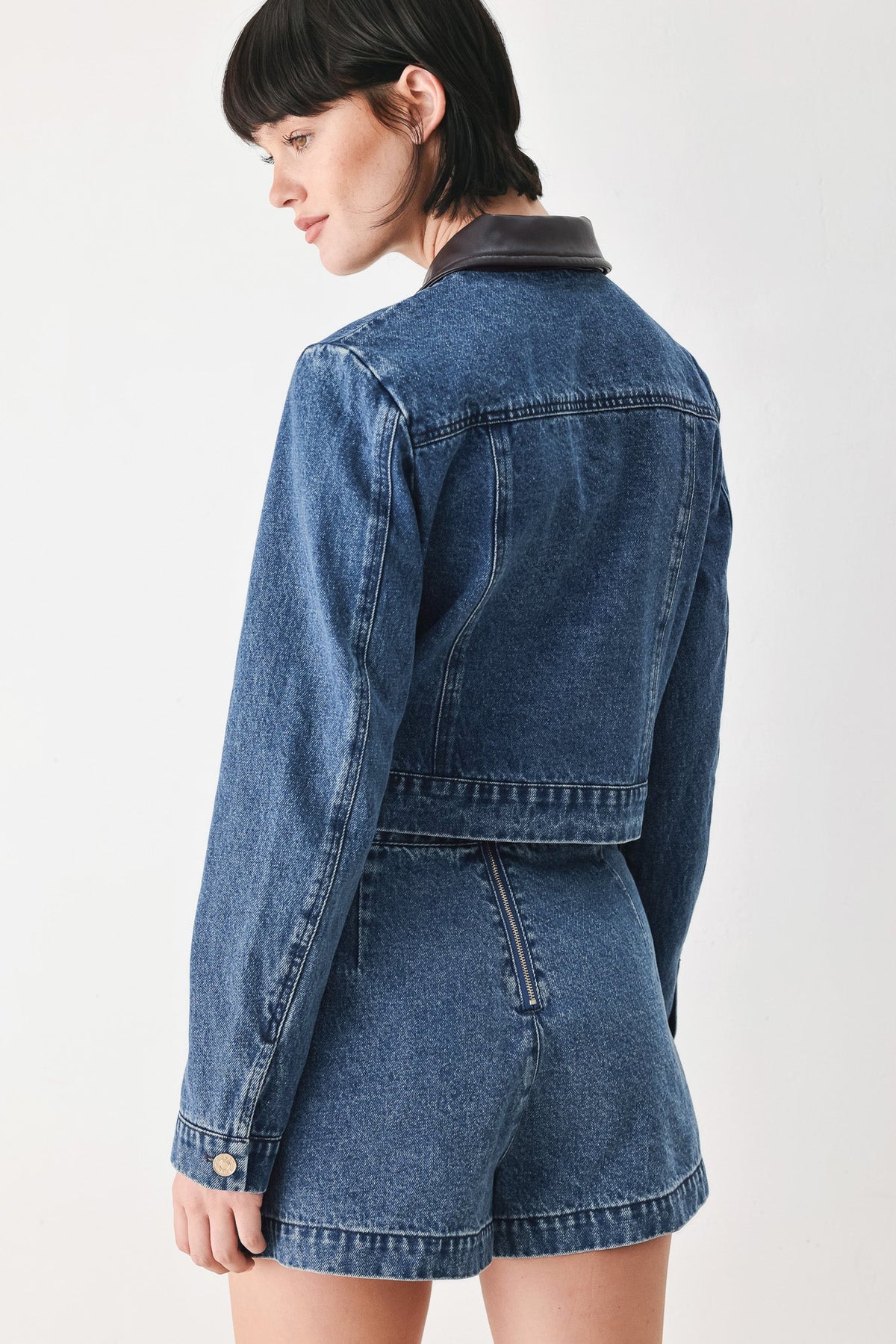 Flying Tomato washed denim crop jacket with faux leather trim, Denim/Brown.