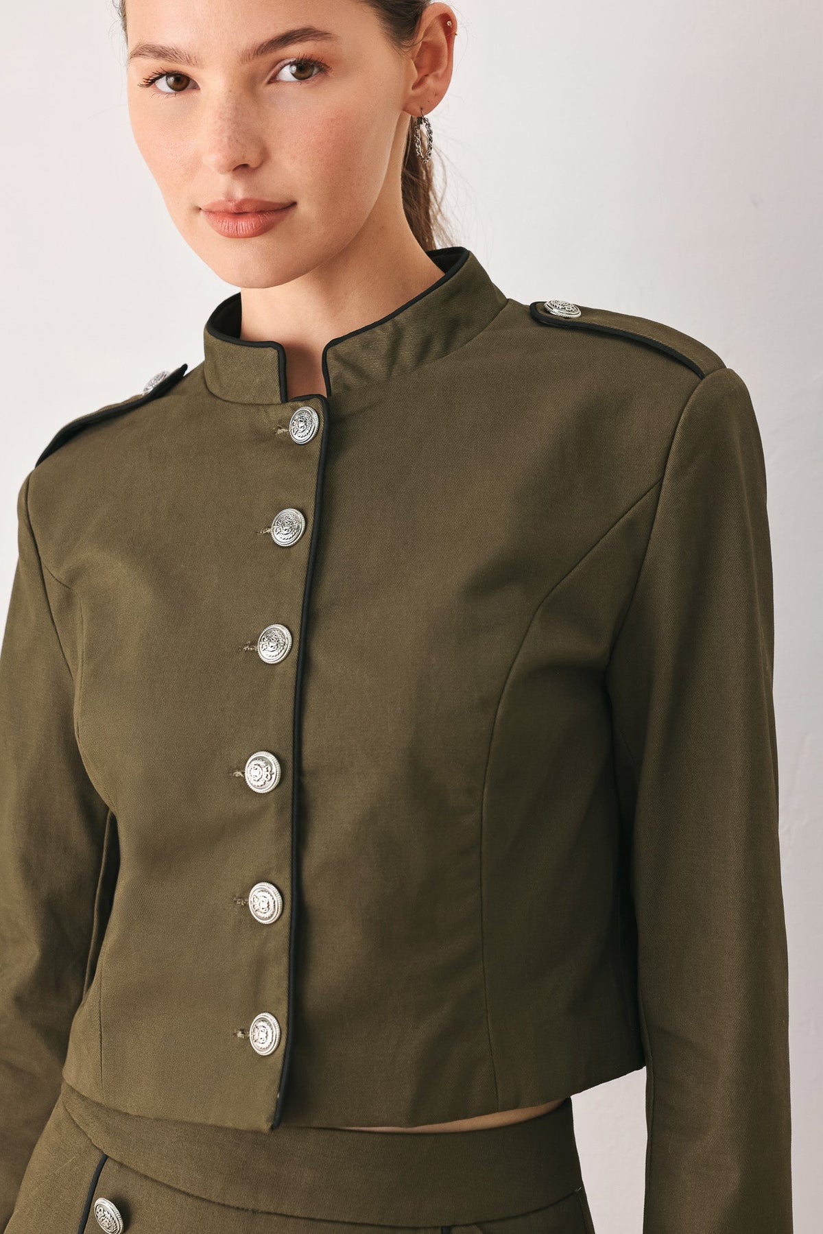 Flying Tomato Olive Cadet woven crop jacket in olive cotton with a high collar.