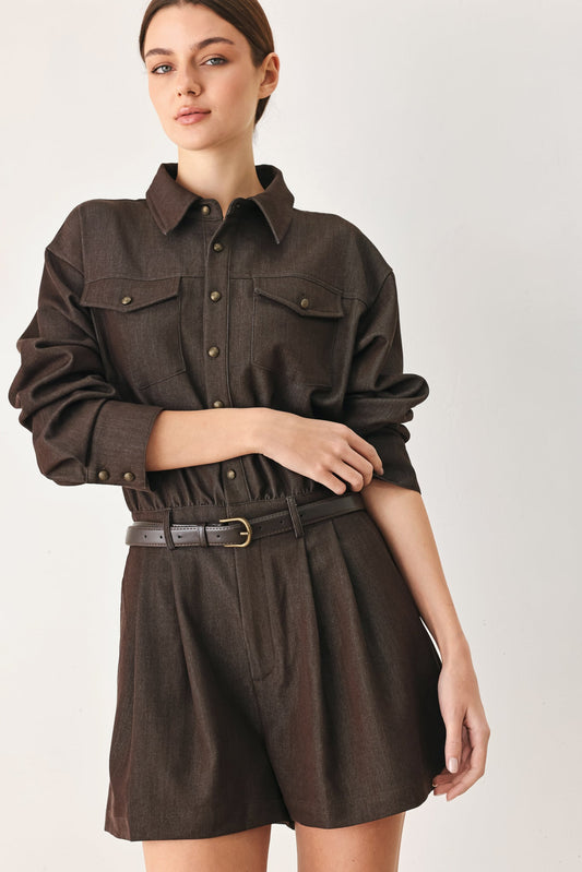 Flying Tomato Rich Cocoa woven romper in brown with long sleeves and a contrast belt.