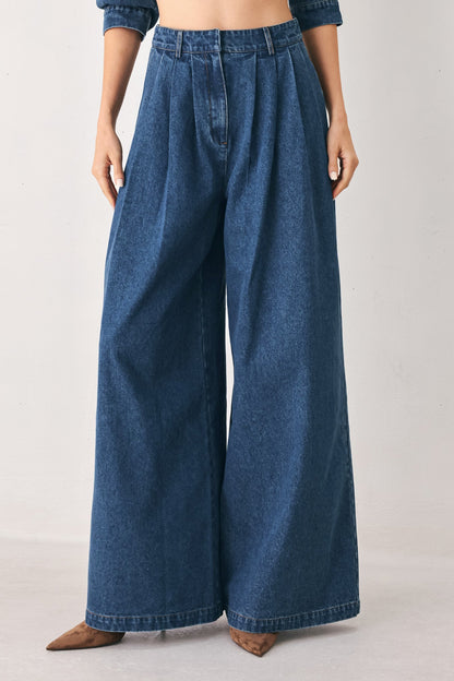 Medium indigo pleated wide-leg denim pants shown on a model against a light gray studio background.